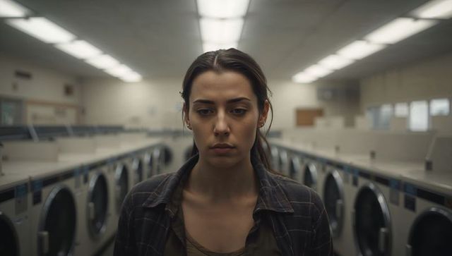 Contemplative woman standing between rows of washing machines in dimly lit laundromat