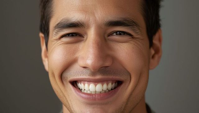 Close-Up of Smiling Hispanic Man with Perfect Teeth in Minimalist Studio