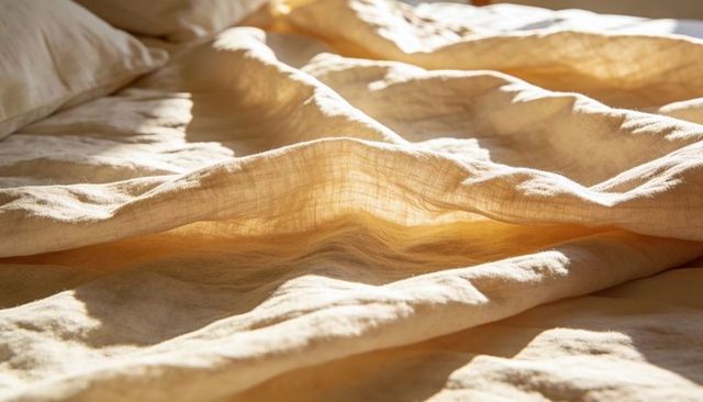 Basking sunlit rumpled linen bedding with warm creases and natural texture