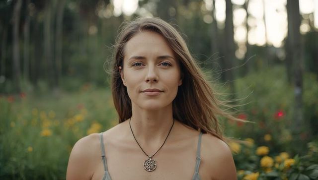 Serene young woman standing in wildflower meadow wearing pendant necklace, thin-strap top