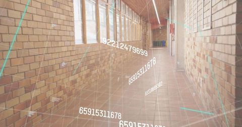 Futuristic brick corridor with floating data visualization