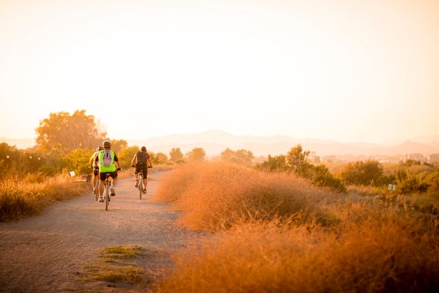 Group of cyclists riding bicycles on a dirt path through a scenic national park at sunset, ideal for use in promotions for outdoor activities, health and fitness campaigns, travel brochures, and adventure magazines.