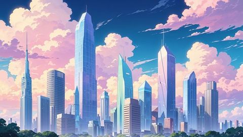 Futuristic urban skyline with reflective skyscrapers