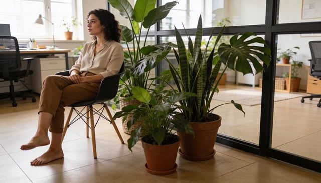 Woman sitting barefoot in modern office surrounded by terracotta potted plants and glass wall