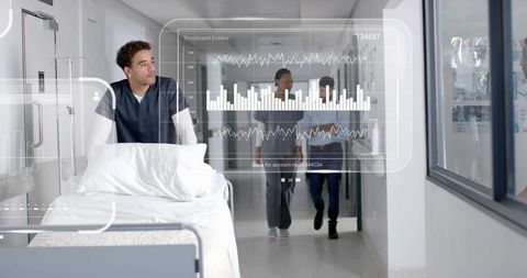 Medical Team Pushing Hospital Bed with Technology Overlay