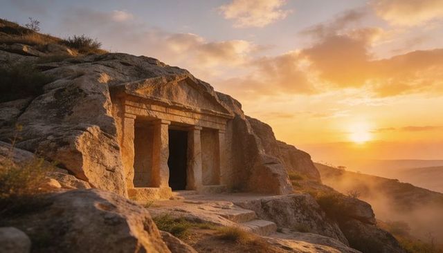 Rock-cut tomb glowing at sunset on sandstone cliff with classical columns, pediment and mist