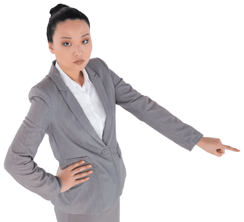 Transparent Confident Businesswoman Pointing Downward Gesture