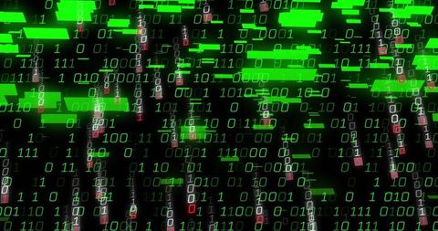 Binary Code Rain Display with Futuristic Data Blocks