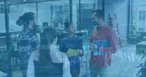 Diverse professionals discussing financial analytics in modern office