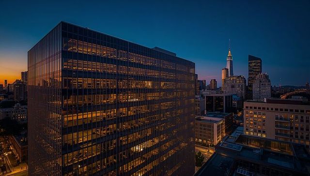 Glass Office Tower at Dusk Showing Lit Floors, Sunset Glow, and Illuminated City Spire
