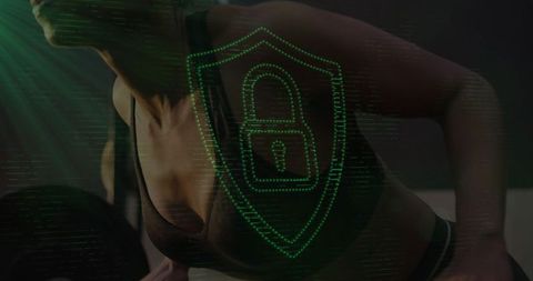 Female athlete leaning on bench in dim gym with holographic shield padlock overlay