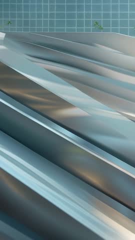 Vertical abstract video of reflective metallic planes shifting light on blue grid with green accents