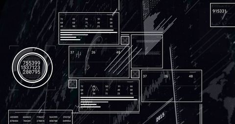 Futuristic Digital Interface with Circular Gauge and Data Panels