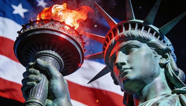 Statue of liberty close-up holding torch glowing against american flag at night patriotic