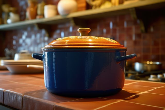 A blue enameled cast iron pot sits on a kitchen counter. It's a common utensil for home-cooked meals, symbolizing warmth and family gatherings.
