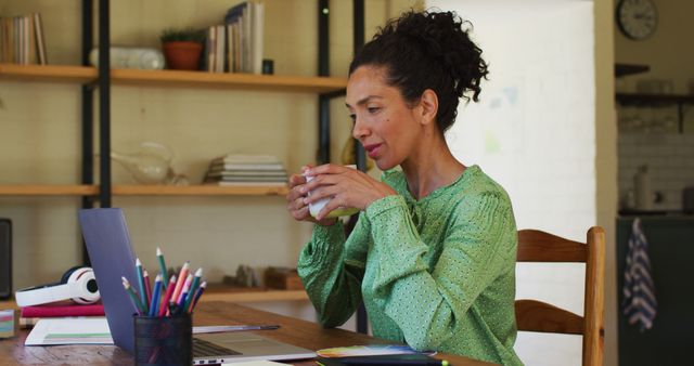 Woman Working from Home Office with Laptop and Tea - Download Free Stock Images Pikwizard.com