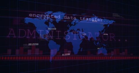 Neon Cybersecurity World Map Dashboard Showing Encrypted Data Transfer and Admin Overlay