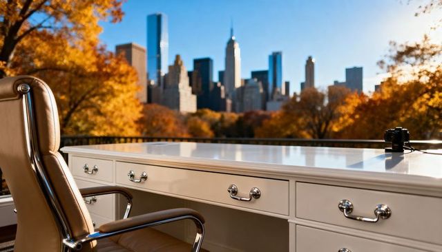 Glossy white desk overlooking autumn city skyline from terrace with leather chair and dslr