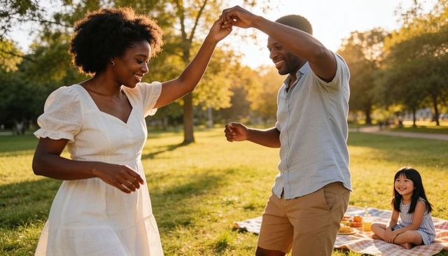 Couple dancing and twirling in golden hour park picnic while child watches and smiles