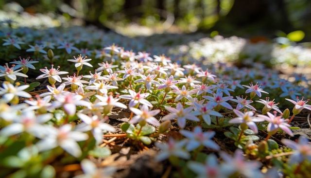 Sunlit carpet of delicate five-petaled groundcover flowers blooming across mossy forest floor