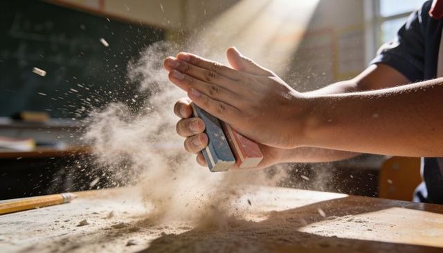 Backlit student hands clapping chalk dust over desk with erasers and pencil, sunlit