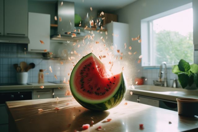 Watermelon exploding in a modern kitchen, sending pieces in all directions. This dynamic and exciting image is perfect for advertisements, presentations, or campaigns related to freshness, excitement, summer fruits, or kitchen activities. It evokes a sense of action and surprise, capturing attention instantly.