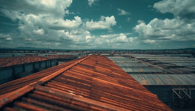 Rusted Corrugated Roof Ridge Over Industrial Warehouses with Cloudy Sky
