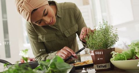 Home chef trimming potted thyme in bright modern kitchen