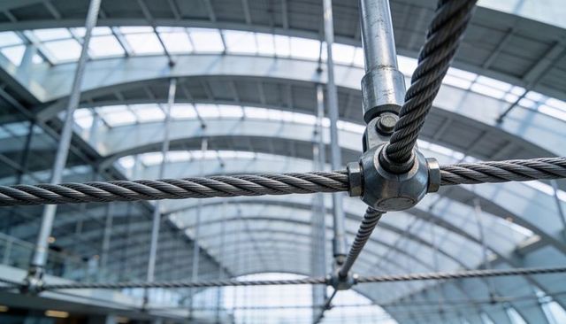 Braided steel cable connector securing tension grid under curved glass atrium canopy