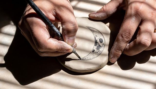 Ceramic artist carving crescent moon on clay disc with precision tool in sunlit studio