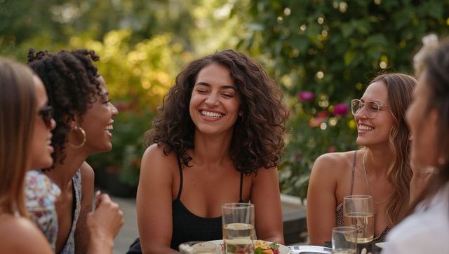 Young women laughing together at garden brunch, curly-haired woman leading conversation