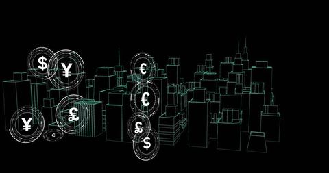 Neon wireframe cityscape receding right with floating currency hud tokens and data grid
