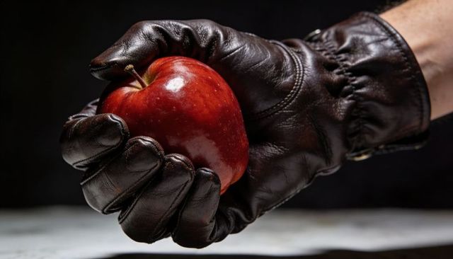 Gloved hand gripping glossy red apple with leather wrist buckle