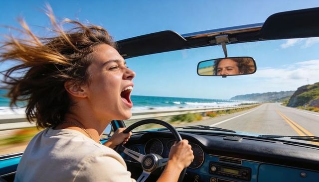 Joyful woman driving convertible on coastal highway, windblown hair and rearview reflection