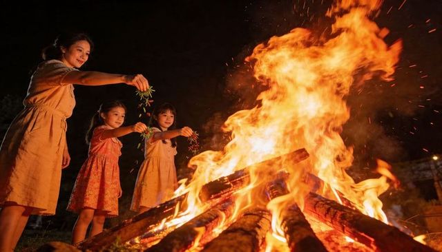 Mother and daughters adding flower sprigs to bonfire at night celebrating summer ritual