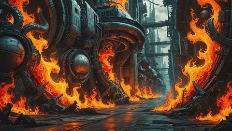 Dystopian fiery industrial hell corridor