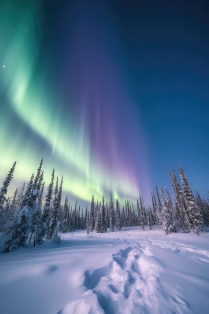 Aurora borealis lights up winter night sky with vibrant green and purple colors over snow-covered landscape. Snow-capped trees line foreground under starry sky. Perfect for use in travel articles, winter activity promotions, nature magazines, astronomical presentations, or desktop wallpapers emphasizing natural beauty and serenity.