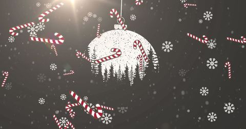 Festive candy canes falling around christmas bauble graphic