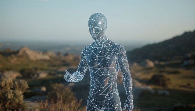 Holographic wireframe humanoid standing in rugged landscape with glowing node network and mesh