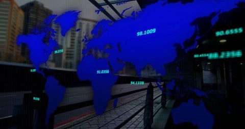 Digital World Map Overlay on Modern Cityscape for Global Finance