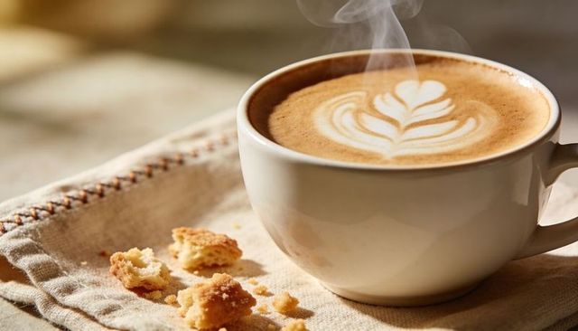 Steaming latte cup with rosetta latte art on linen cloth with biscuit crumbs cozy morning
