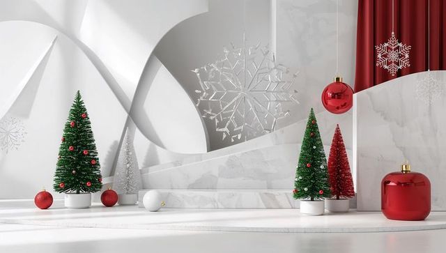 Elegant christmas trees and ornaments with red and silver accents