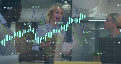 Colleagues Analyzing Data with Graph Overlays in Modern Office