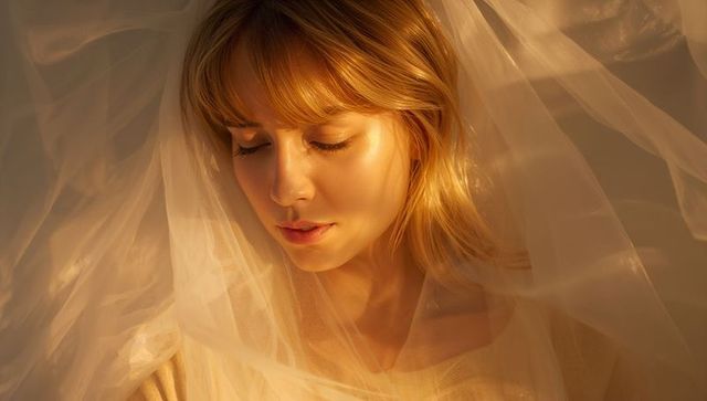 Blonde woman resting under golden veil with soft translucent light