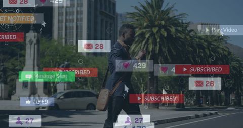 Businessman Engaged with Social Media Integration in Urban Environment