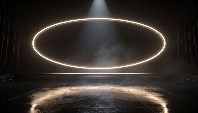 Floating illuminated oval ring lighting dramatic stage with spotlight, mist and reflection