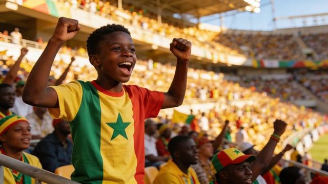 Cheering teen wearing senegal flag colors shirt with raised fists in packed stadium crowd