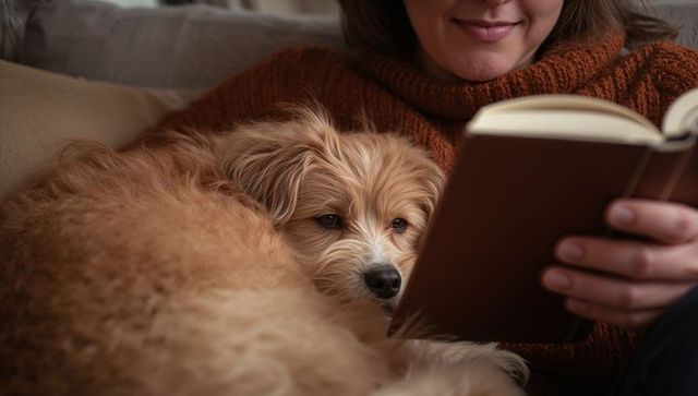 Woman reading and cuddling fluffy tan dog on couch in cozy turtleneck sweater, quiet moment