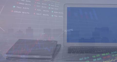 Stock Market Analysis overlaid Computer with City Background - Download Free Stock Images Pikwizard.com