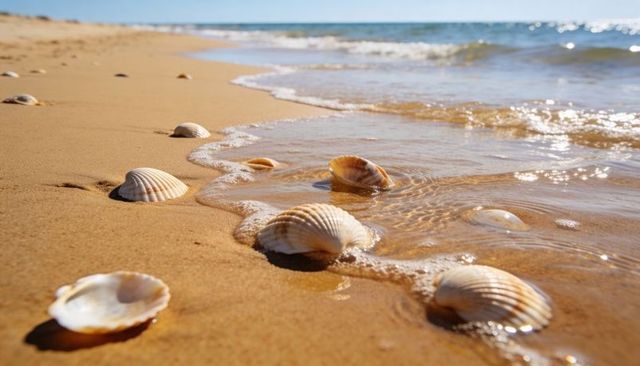 Scallop shells resting on wet golden sand while gentle waves washing shore and sunlight glinting